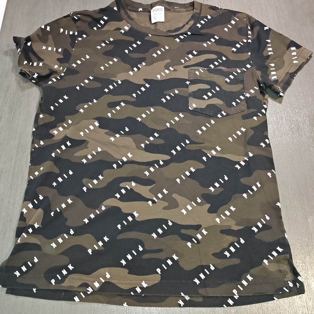 Pink Victoria Secrets Woman's Tshirt ,Camo, Pink Golden Logo On Back,Small